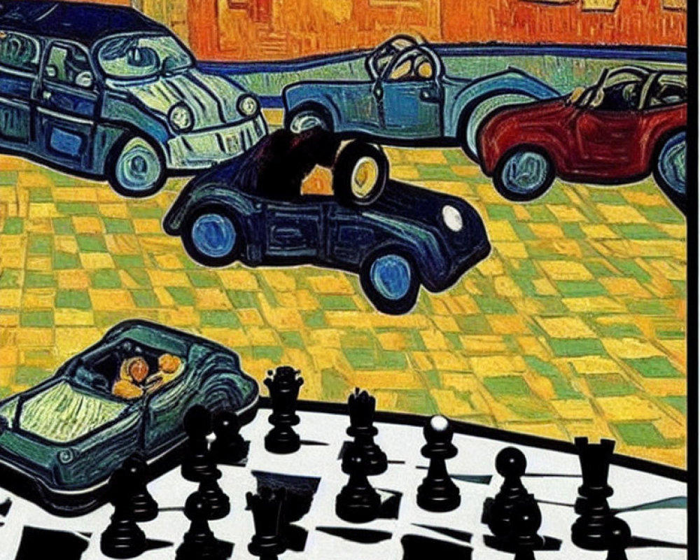 Chessboard foreground merges with colorful car street scene in post-impressionist style