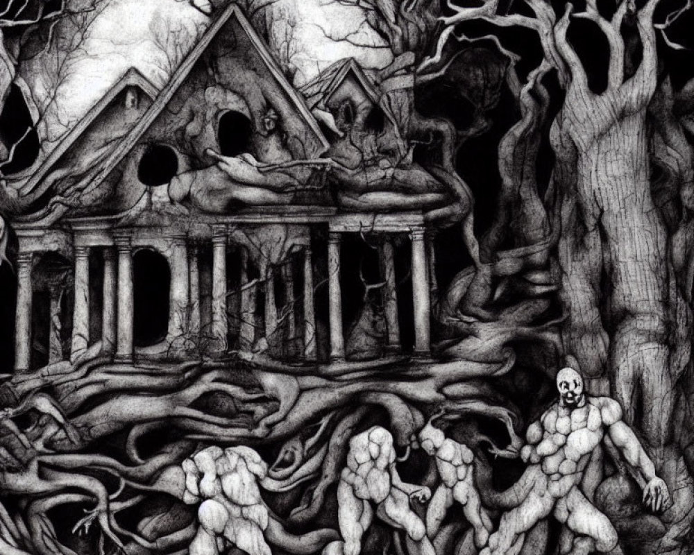 Monochrome sketch of sinewy figures, gnarled tree, and decrepit building under dark