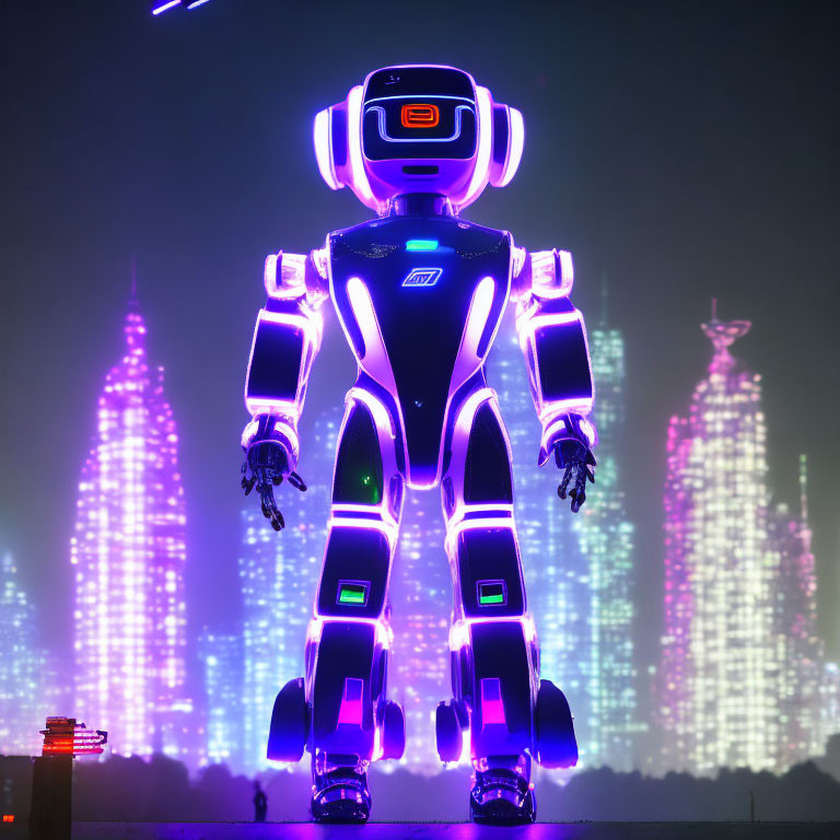 Futuristic neon-lit robot in cityscape at night