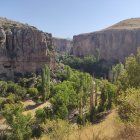 Tranquil landscape: river, lush forest, towering cliffs, soft sunlight