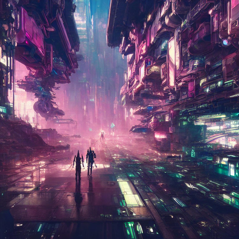 Futuristic cityscape with neon lights and skyscrapers.