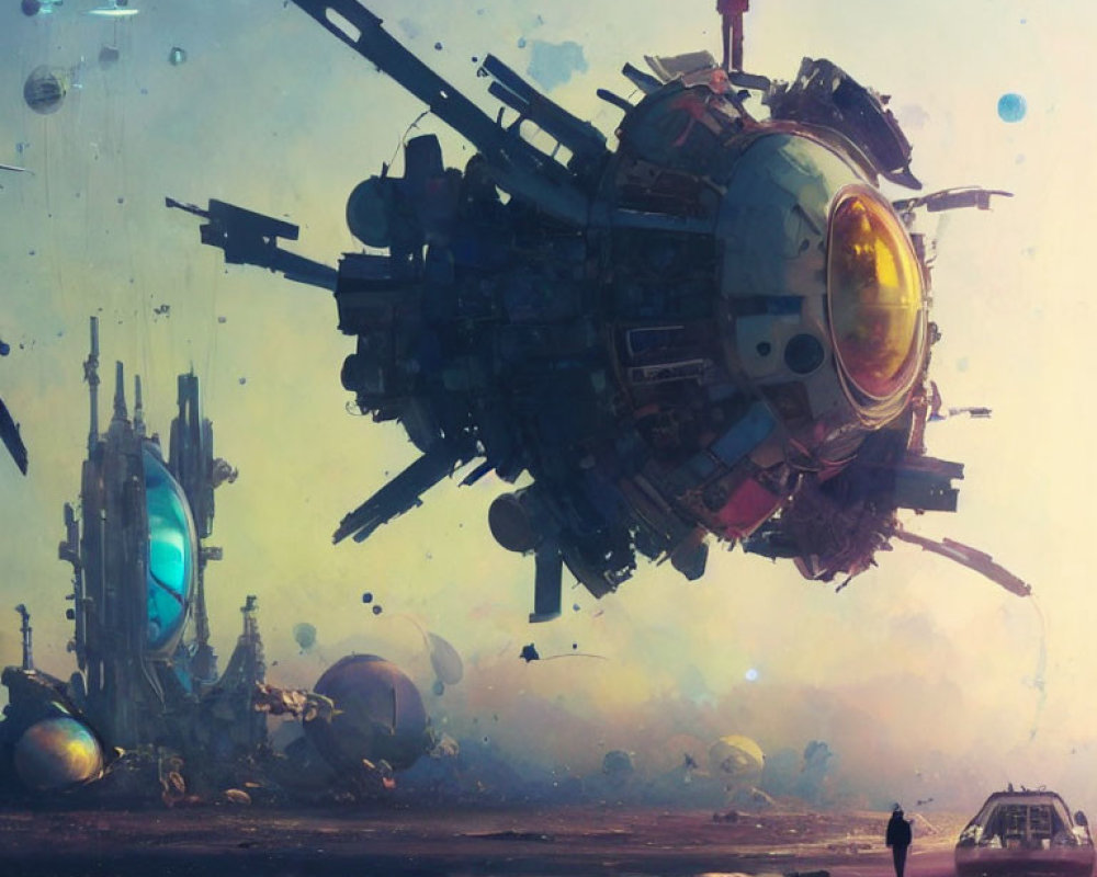 Massive spaceship hovers over futuristic landscape with spherical structures and car.