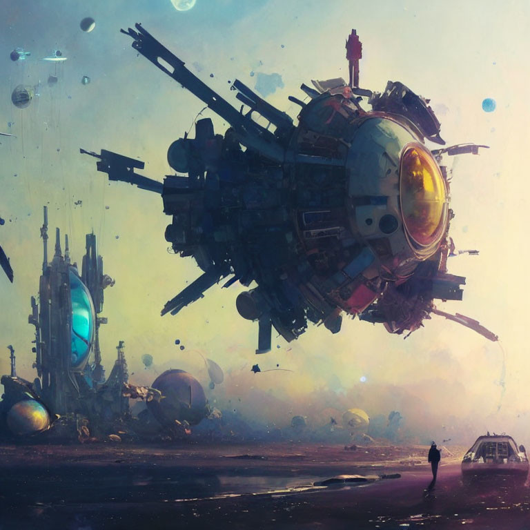 Massive spaceship hovers over futuristic landscape with spherical structures and car.