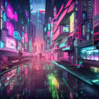 Futuristic cityscape with neon lights and skyscrapers.