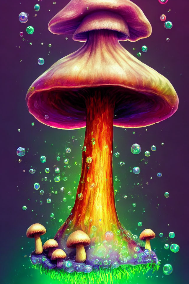 Fantastical glowing mushroom surrounded by colorful bubbles on purple backdrop