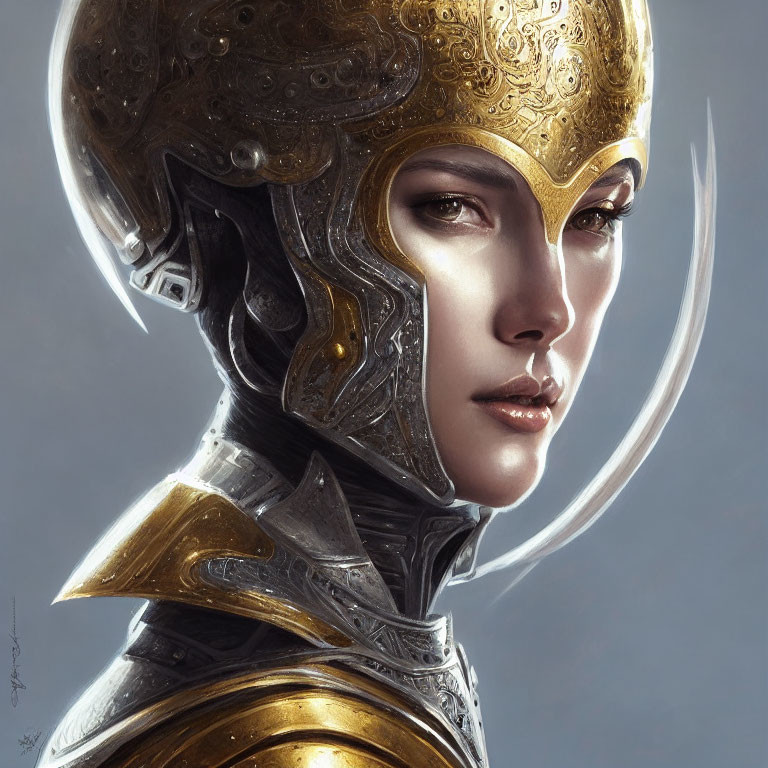 Portrait of Woman in Striking Helmet and Armor Shoulder Piece