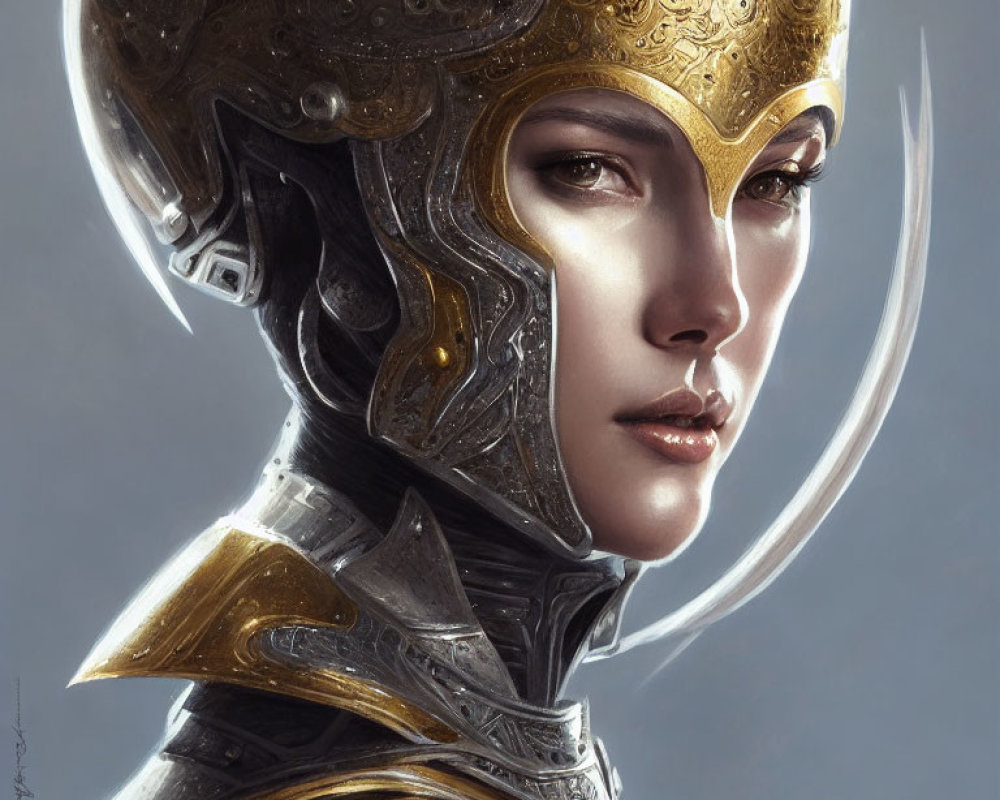 Portrait of Woman in Striking Helmet and Armor Shoulder Piece