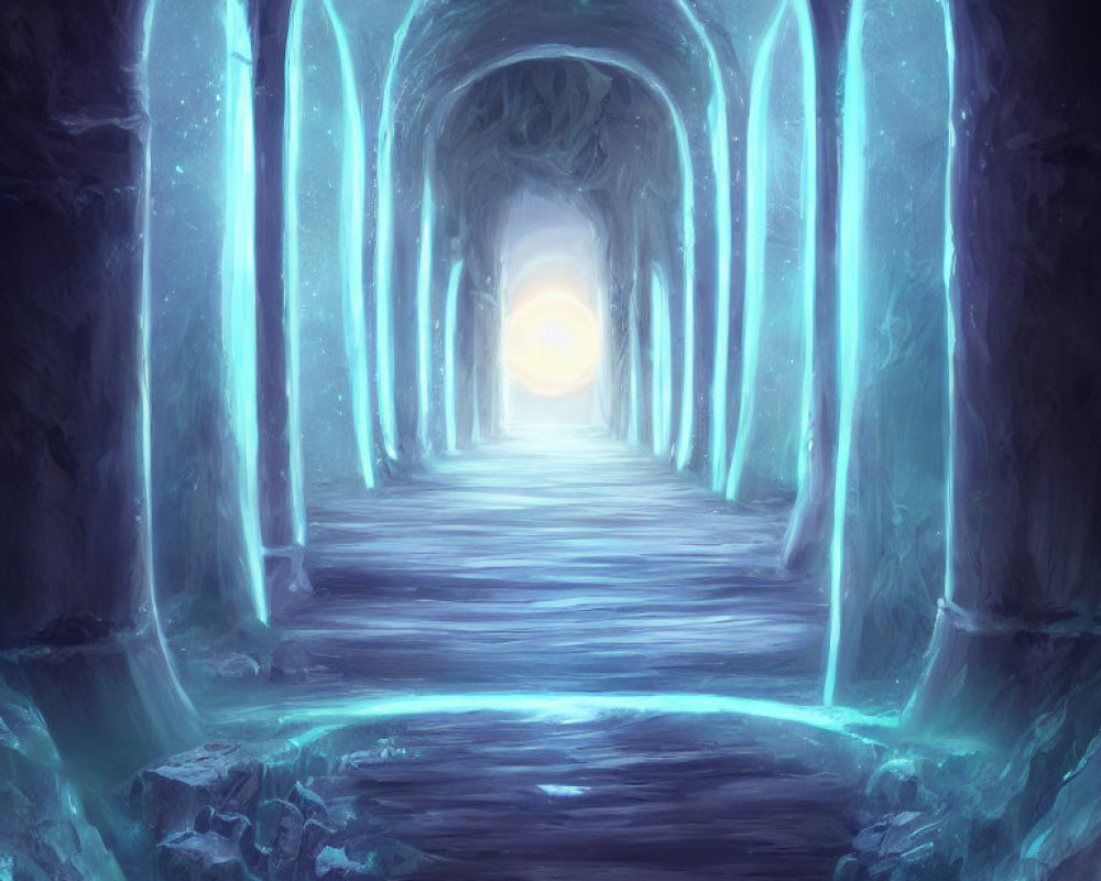 Mystical icy tunnel with glowing blue walls and arches leading to warm light