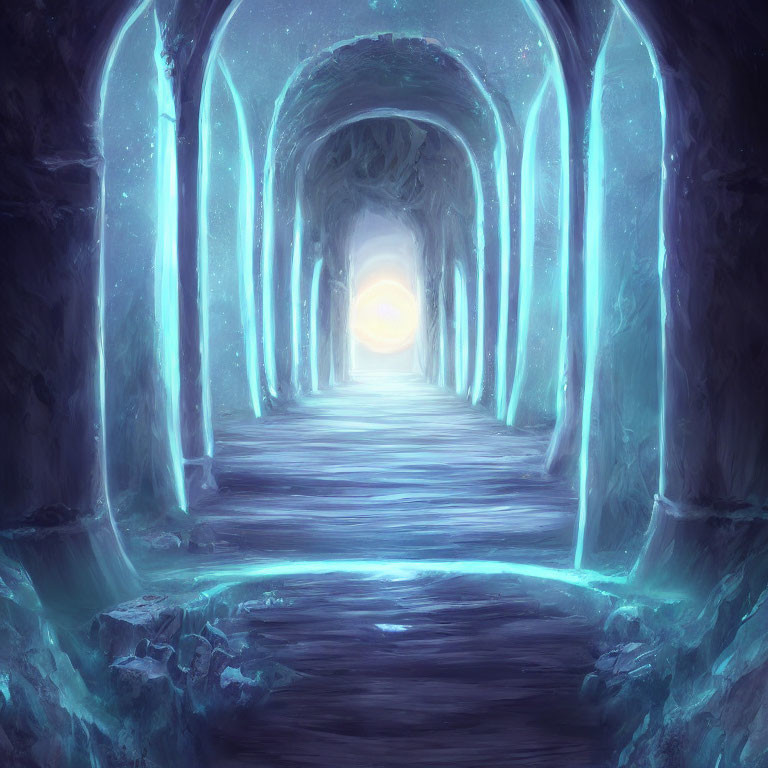 Mystical icy tunnel with glowing blue walls and arches leading to warm light