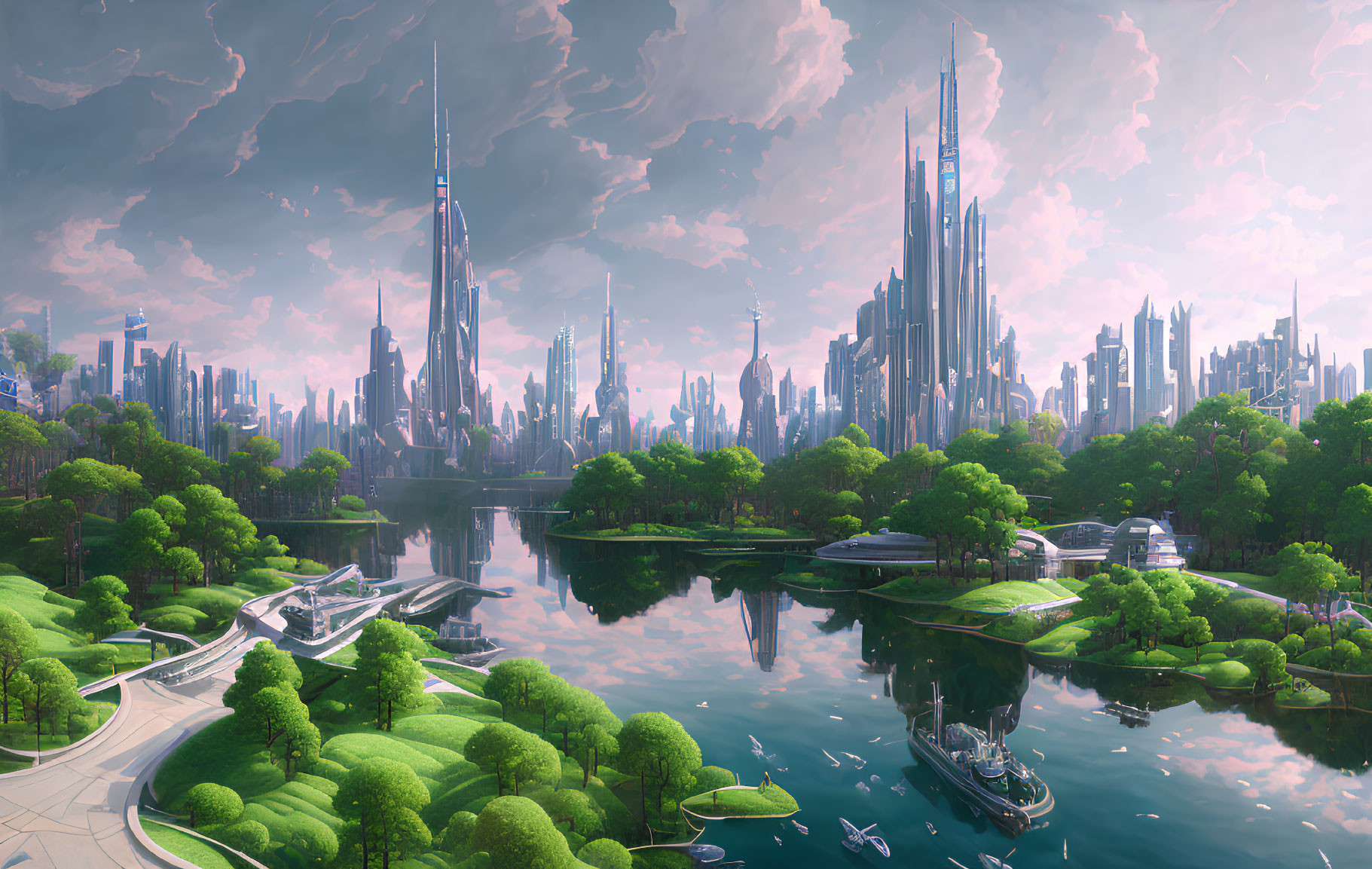 Futuristic cityscape with skyscrapers, parks, river, and advanced transportation networks