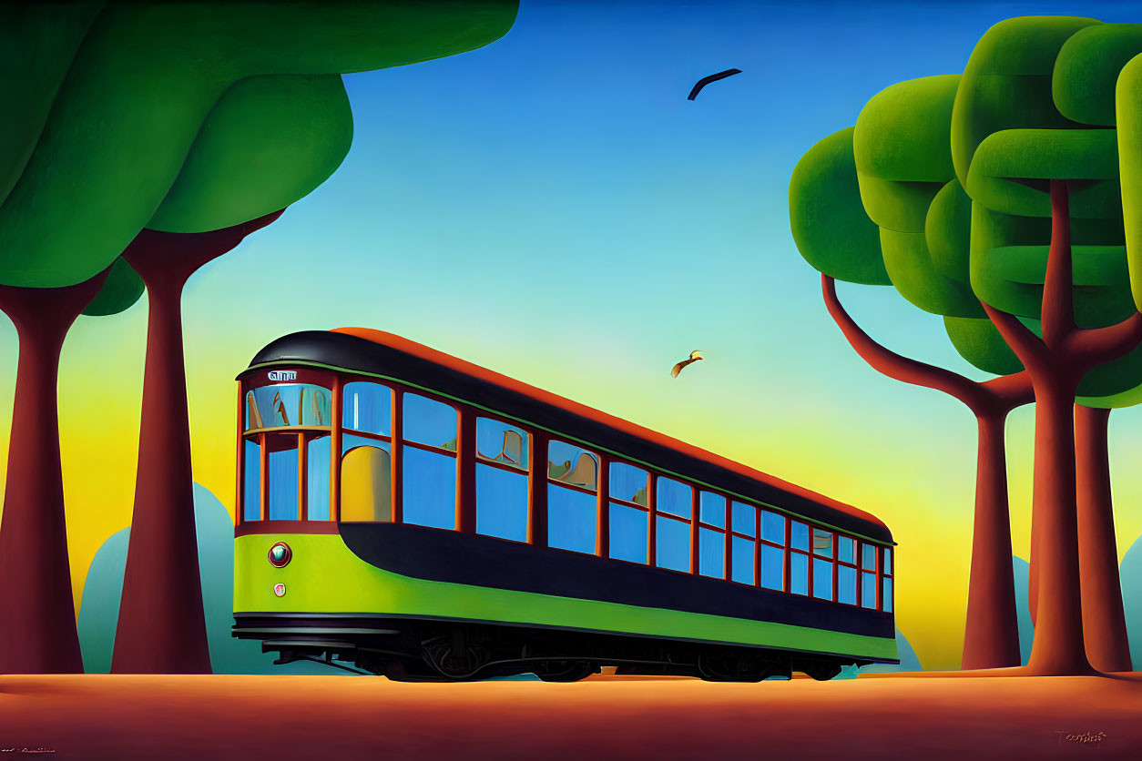 Colorful painting of classic tram in surreal setting with stylized trees and bird under gradient sky