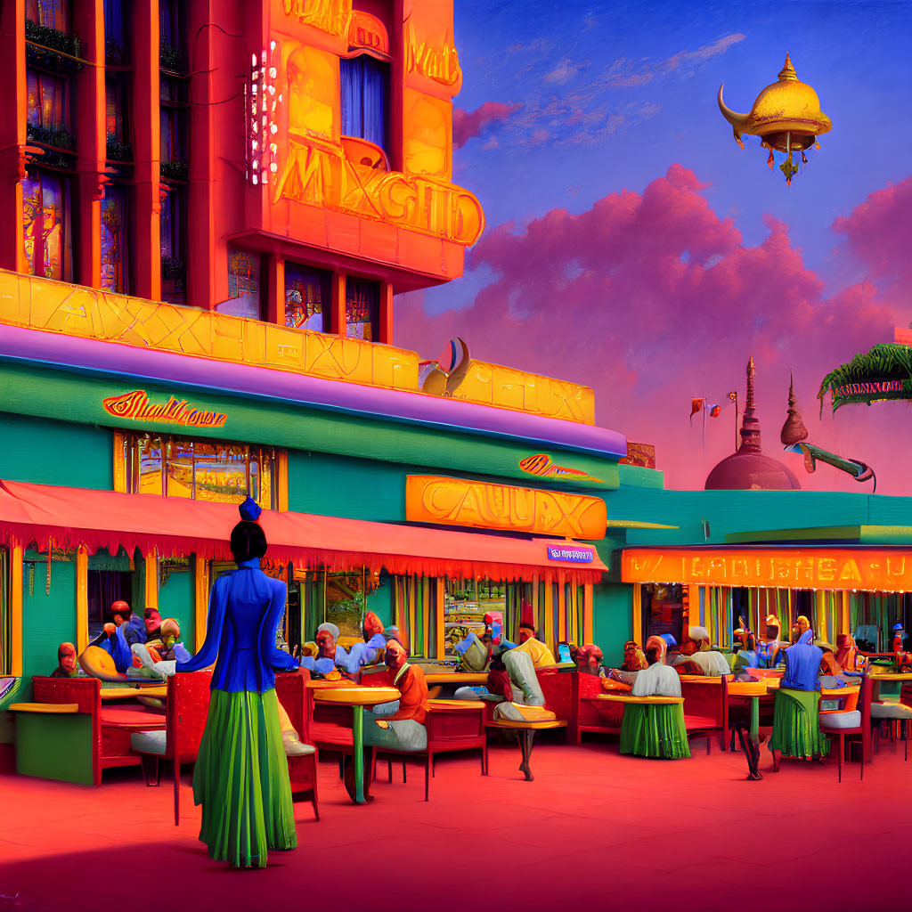 Colorful street scene with outdoor cafe, neon signs, and flying carpet in pink and purple sky