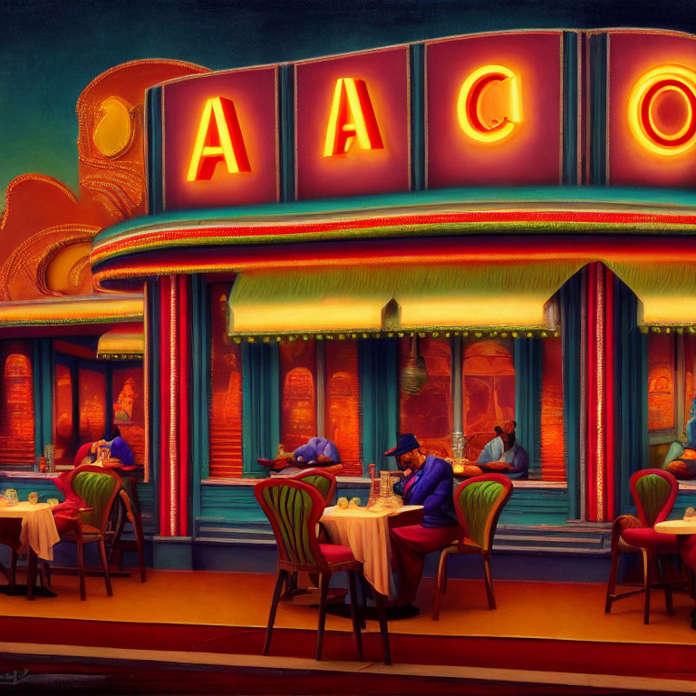 Colorful retro diner painting with neon lights and patrons at night.