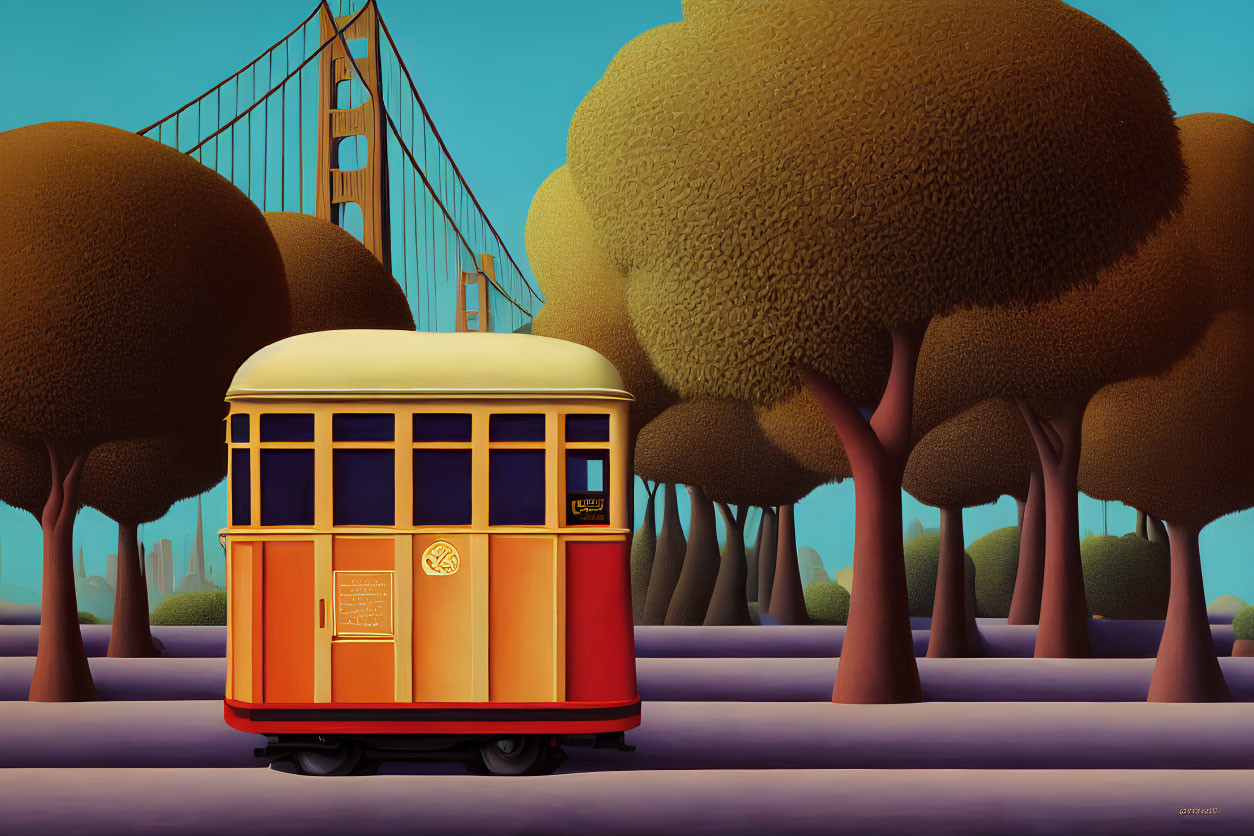 Stylized artwork of cable car and Golden Gate Bridge in warm tones