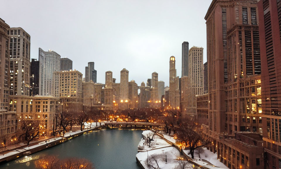 Snow-covered riverside cityscape with lit skyscrapers under cloudy sky