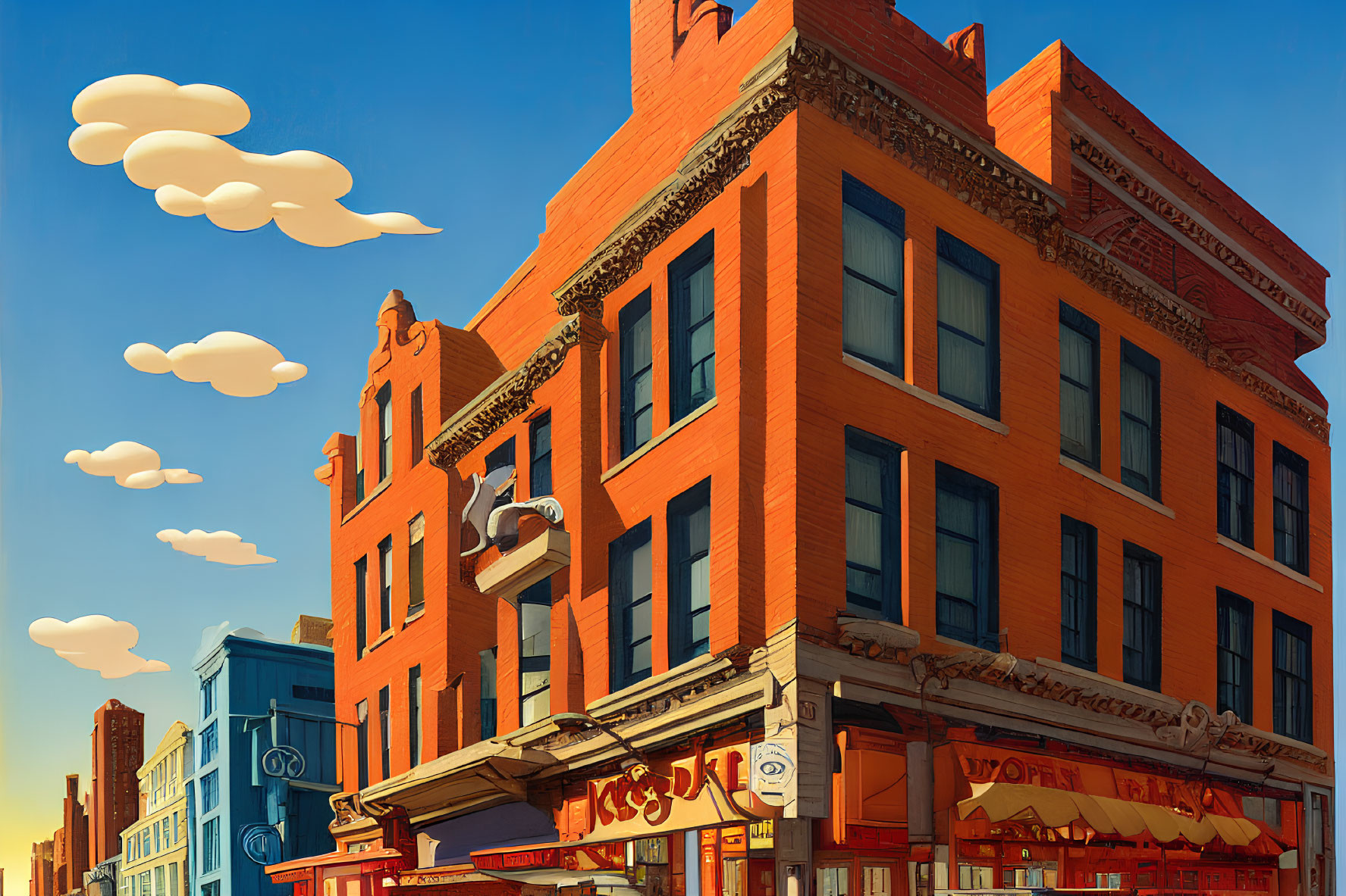 Vibrant orange building and urban architecture under clear blue sky