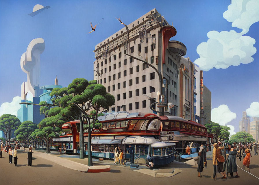 Retro-futuristic cityscape with classic diner, pedestrians, and flying vehicles