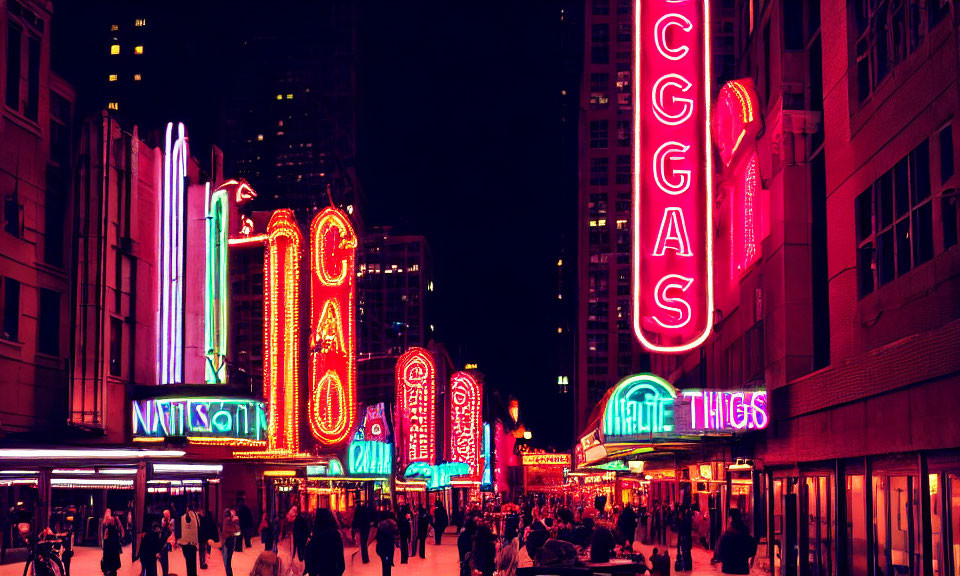 Night Street Scene with Neon Signs and Skyscrapers