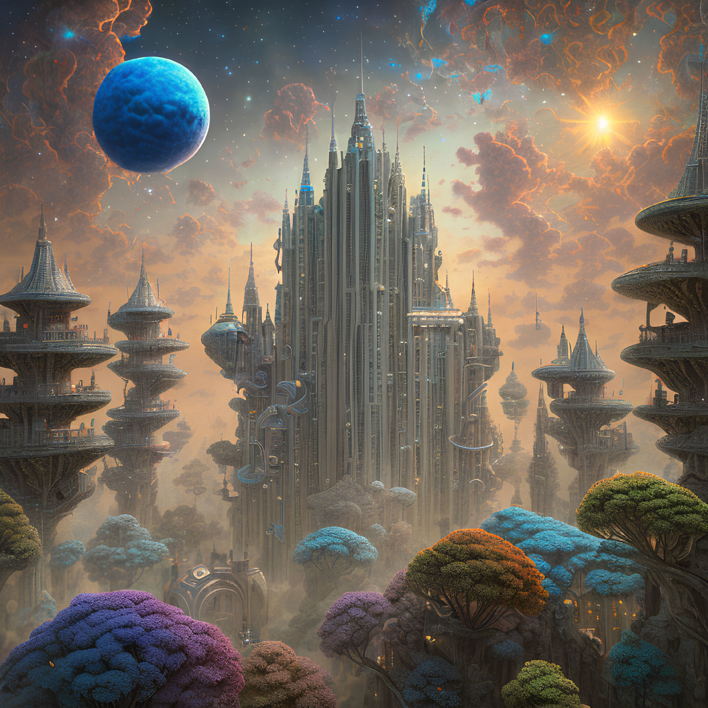 Vividly colored fantastical landscape with towering spire and celestial elements