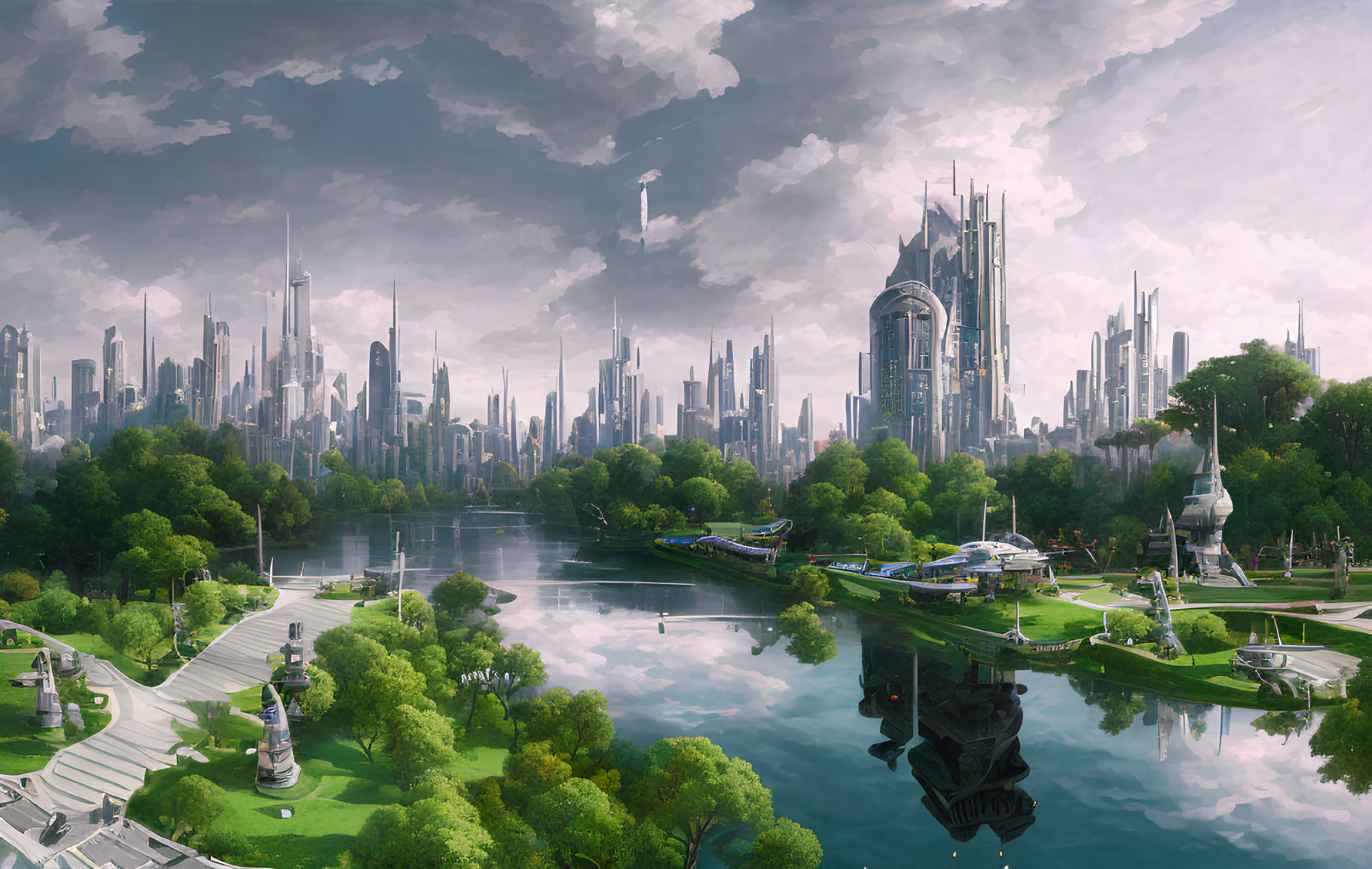 Futuristic cityscape with greenery, skyscrapers, lake, and glass buildings