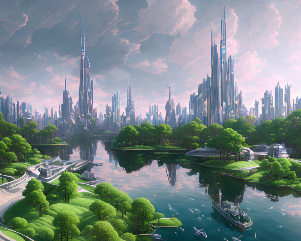 Futuristic cityscape with skyscrapers, parks, river, and advanced transportation networks