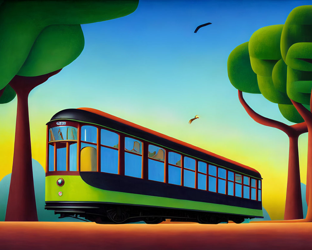 Colorful painting of classic tram in surreal setting with stylized trees and bird under gradient sky