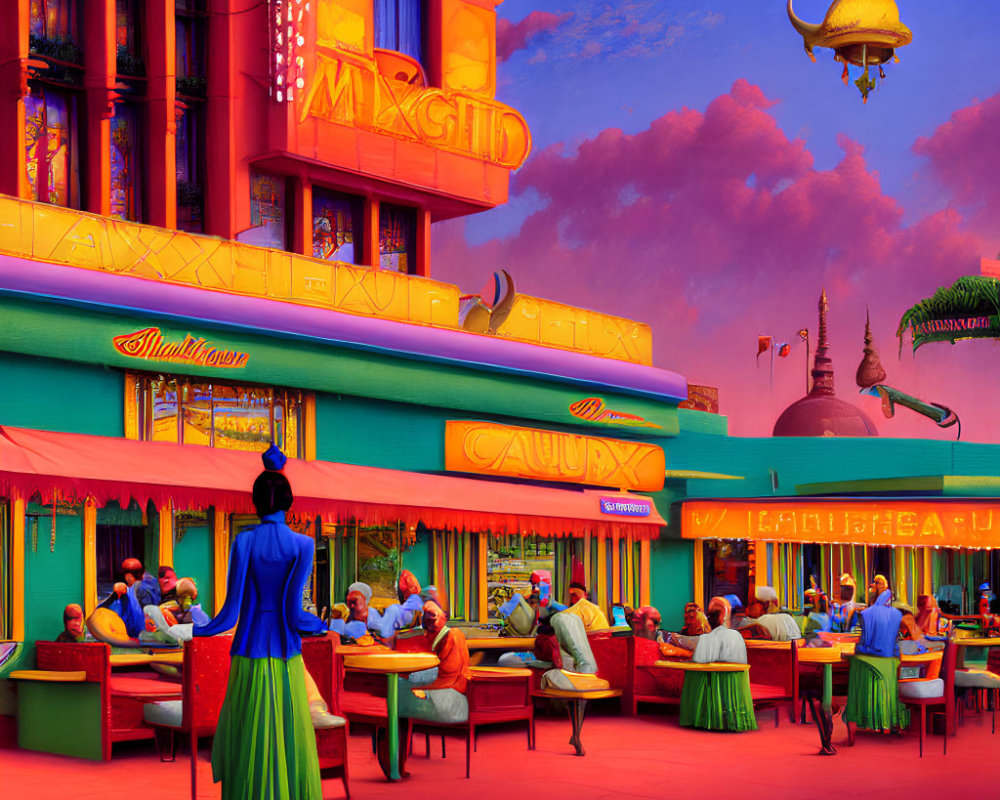 Colorful street scene with outdoor cafe, neon signs, and flying carpet in pink and purple sky