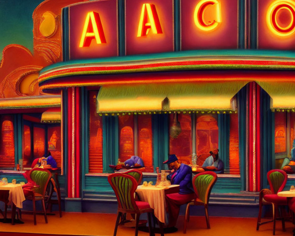 Colorful retro diner painting with neon lights and patrons at night.