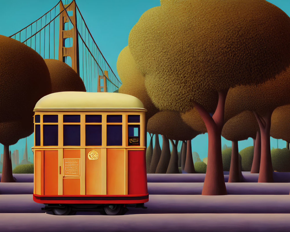 Stylized artwork of cable car and Golden Gate Bridge in warm tones