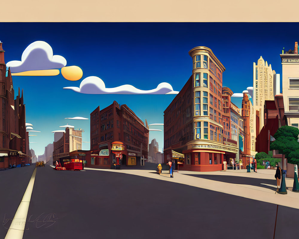 Colorful art deco urban street corner illustration with whimsical clouds