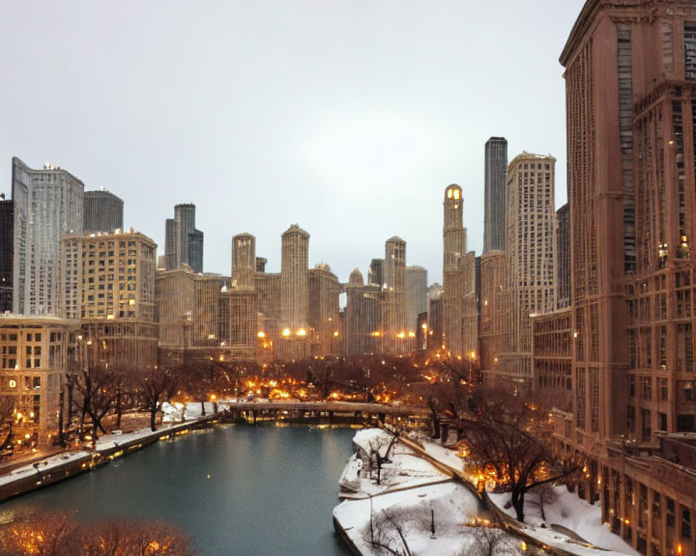 Snow-covered riverside cityscape with lit skyscrapers under cloudy sky