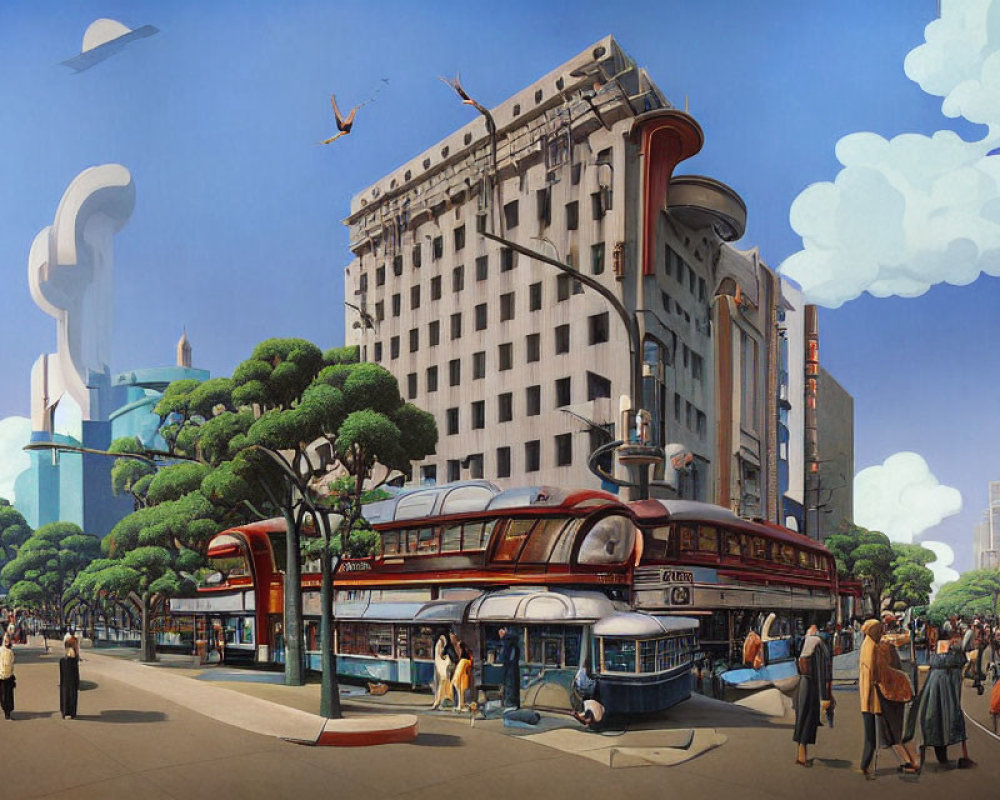 Retro-futuristic cityscape with classic diner, pedestrians, and flying vehicles