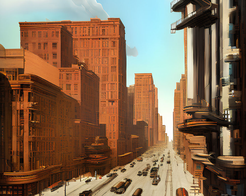 Futuristic cityscape with towering buildings and sunlit streets