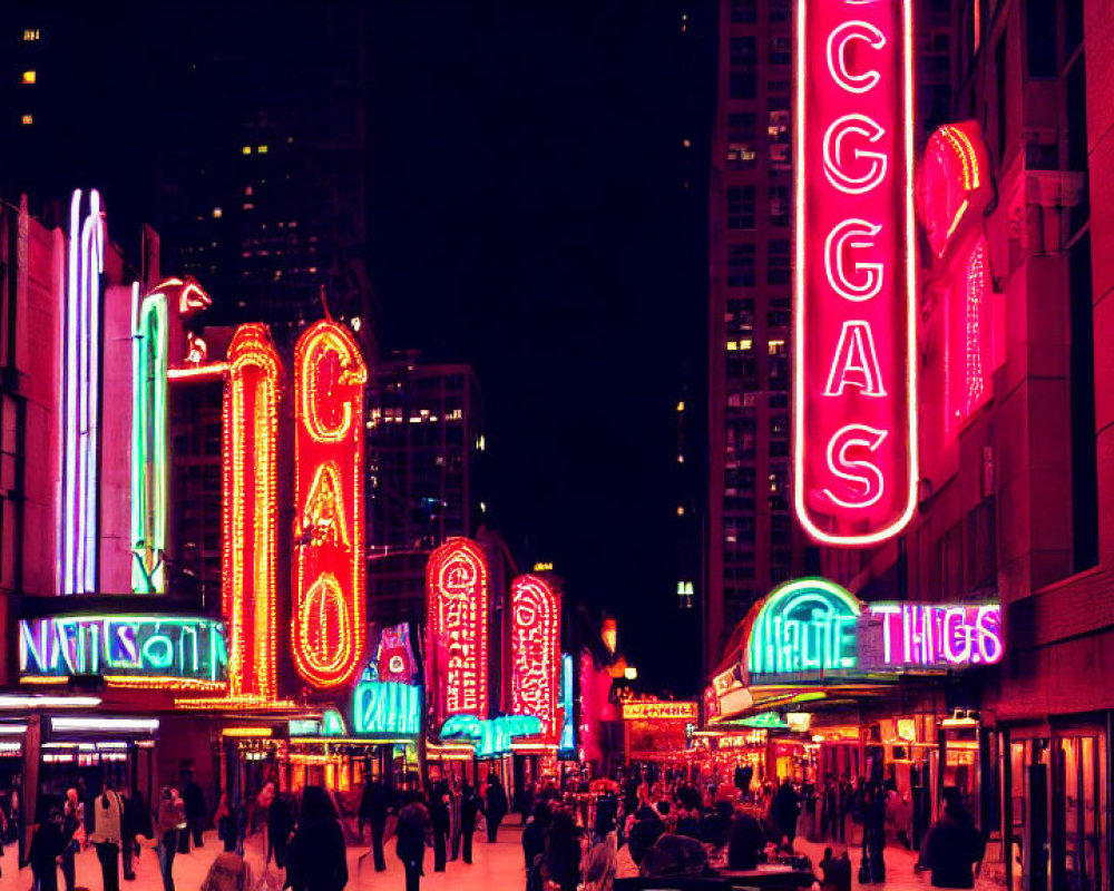 Night Street Scene with Neon Signs and Skyscrapers