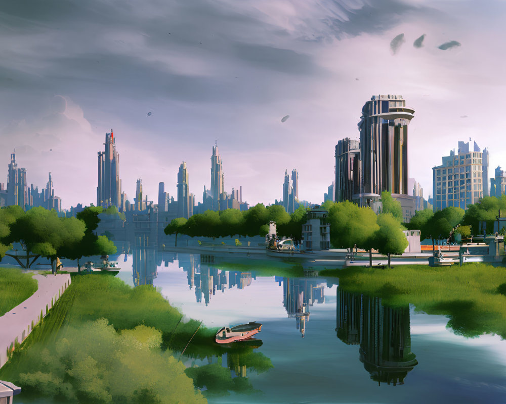 Futuristic cityscape with tall skyscrapers, river, greenery, person, and boat