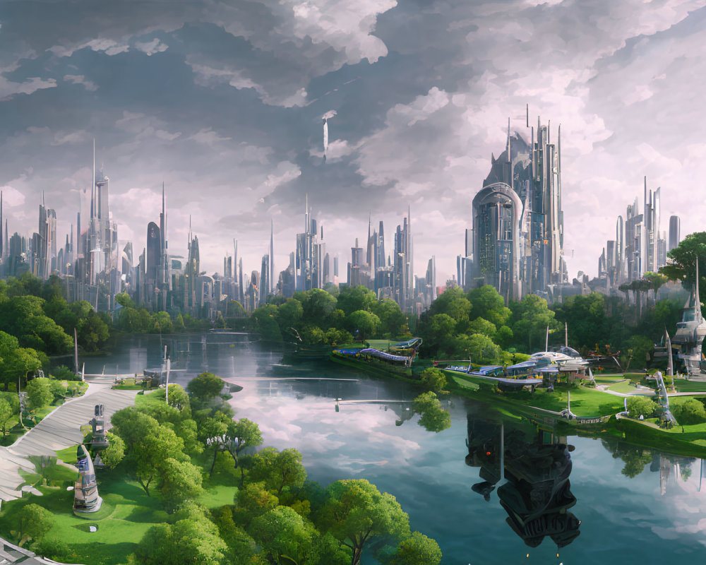 Futuristic cityscape with greenery, skyscrapers, lake, and glass buildings