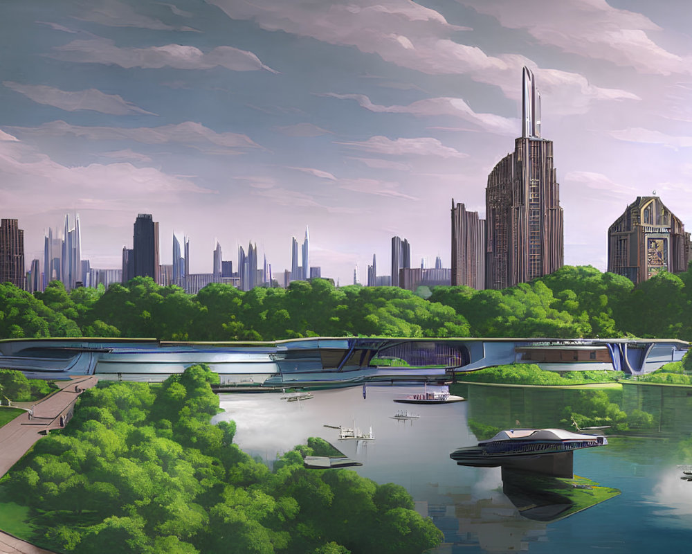 Futuristic cityscape with green park, water bodies, advanced buildings & serene atmosphere