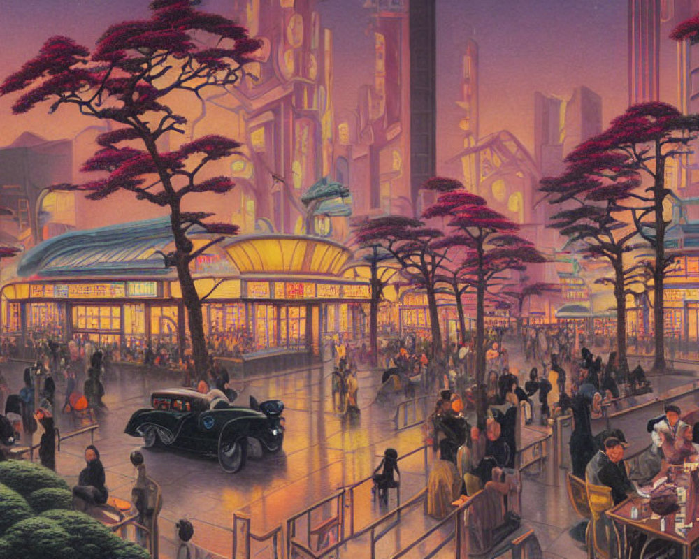 Retro-futuristic cityscape at twilight with glowing lights, vintage cars, and red-leaf