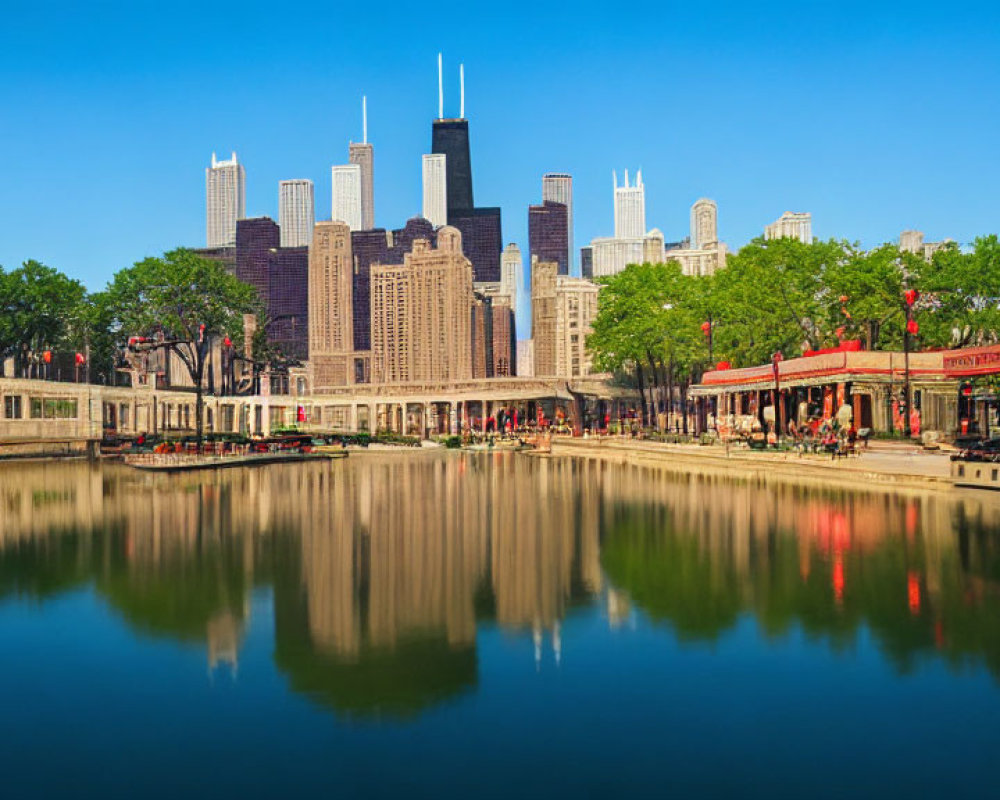 Urban skyline mirroring on calm water with lush trees and blue sky