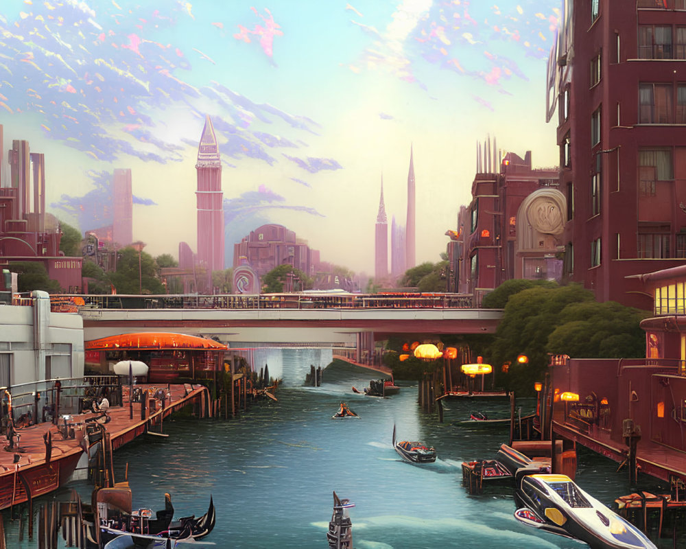 Futuristic cityscape with canal, boats, and waterfront buildings