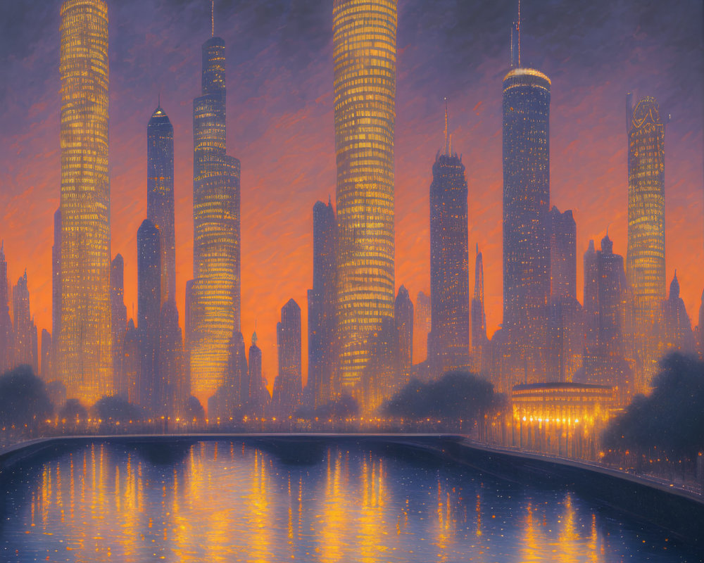 Cityscape with illuminated skyscrapers at dusk by tranquil river