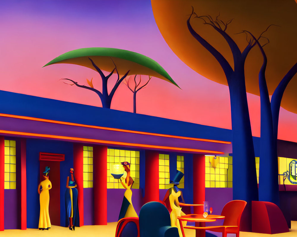 Colorful artwork featuring stylized figures in outdoor cafe with gradient sky.