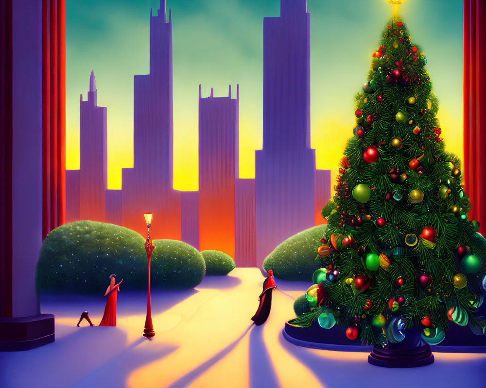 Colorful Christmas tree with penguins and city skyline backdrop