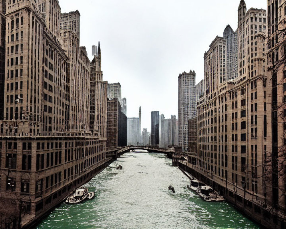 City river scene with skyscrapers, boats, and cloudy sky.