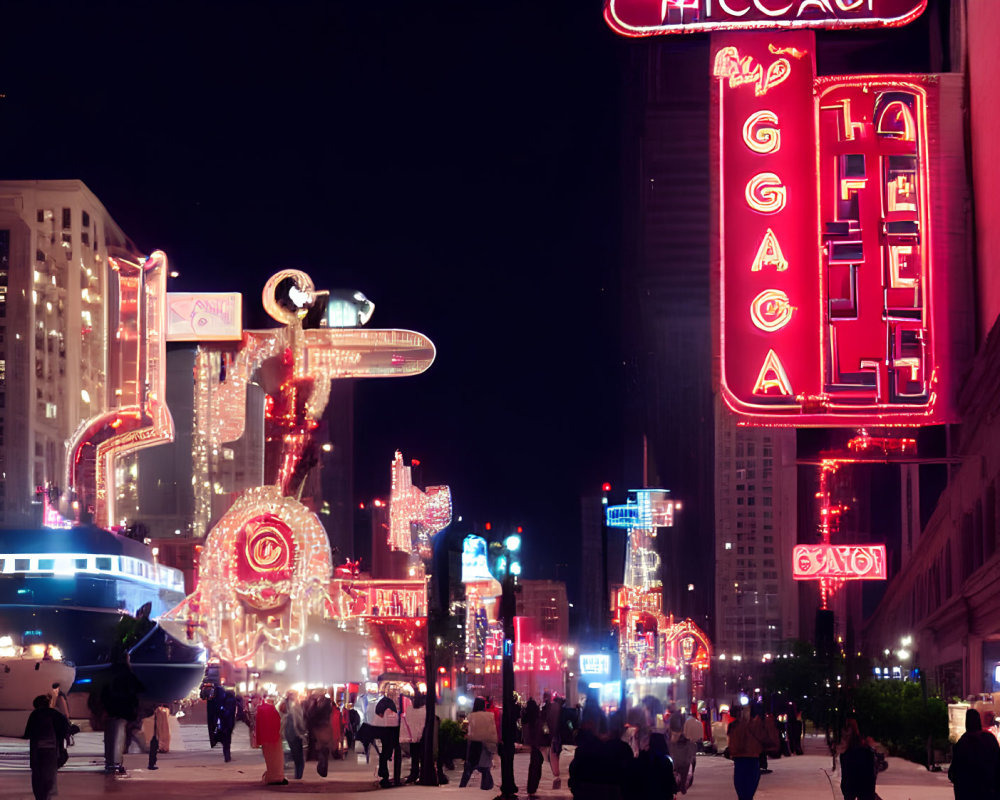 Vibrant neon signs illuminate bustling city street at night