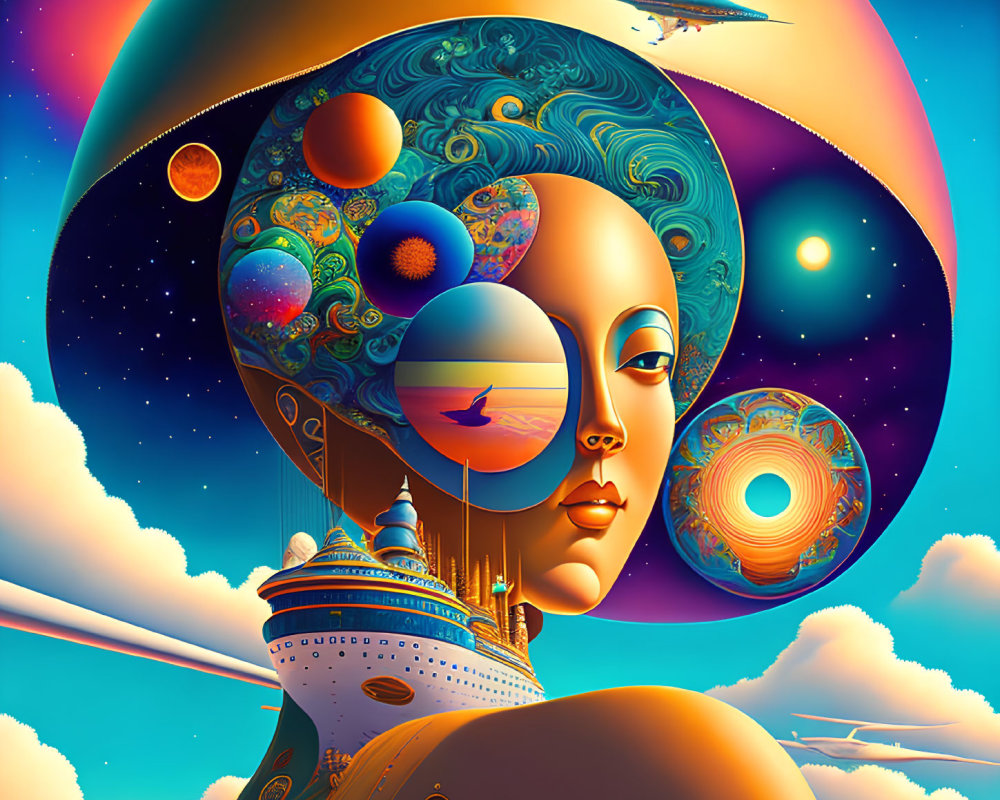 Digital art: Woman fused with celestial and futuristic elements in sunset backdrop