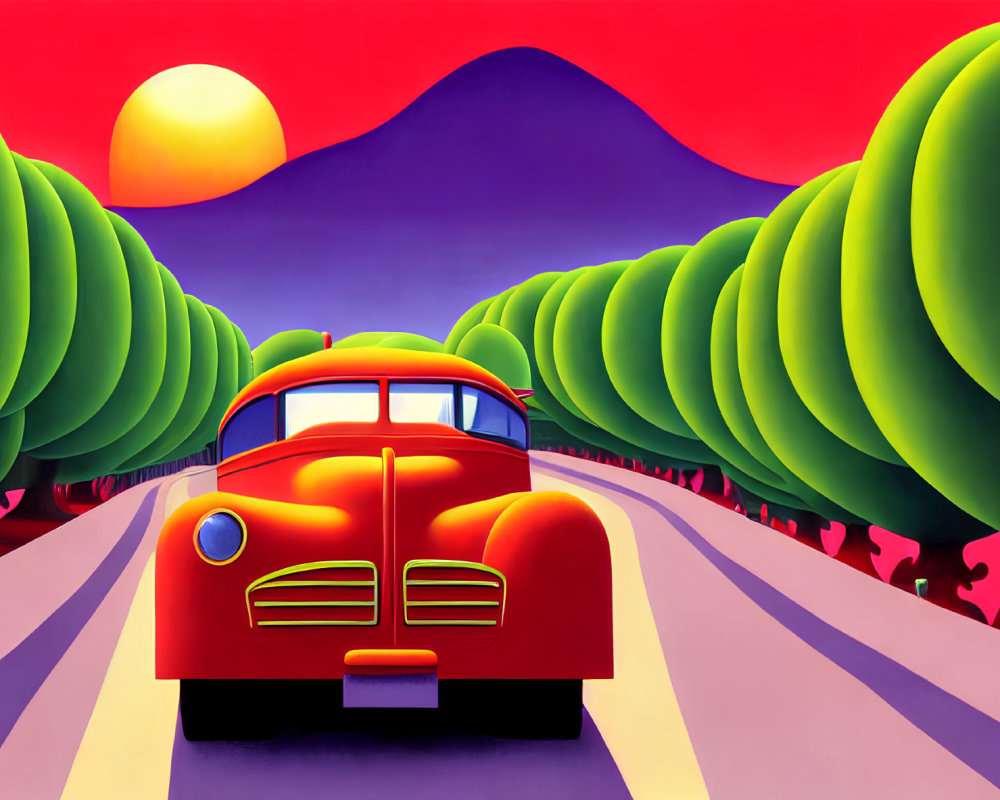 Colorful painting of vintage car on road with sunset mountains & trees