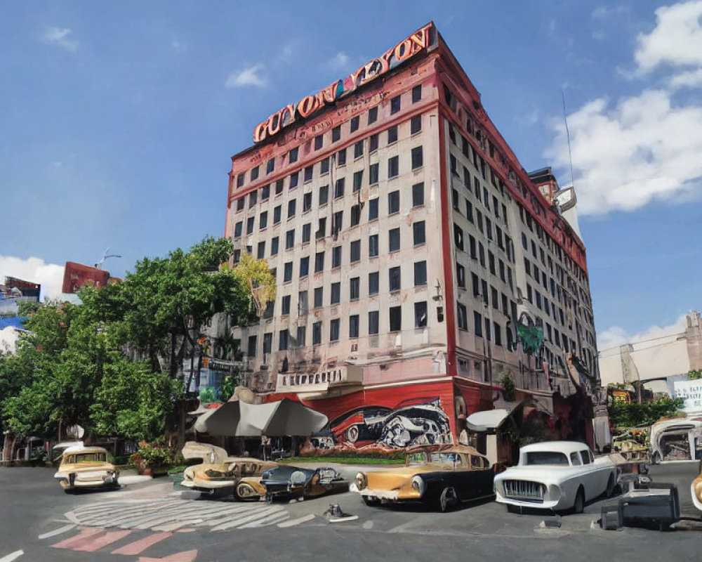 Vintage Intersection Scene with Classic Cars and Pedestrians in Front of Old Building