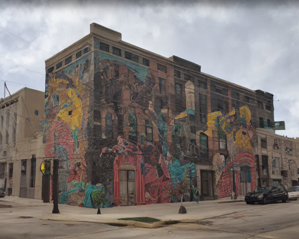 Urban street-corner building with vibrant mural under cloudy sky