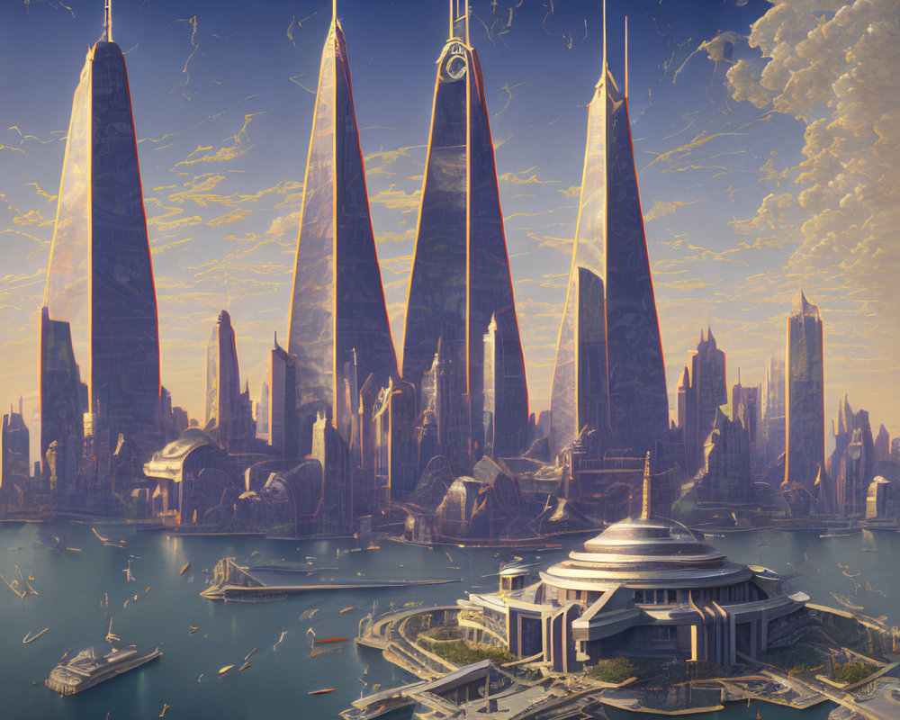 Futuristic cityscape with towering spires and central dome structure